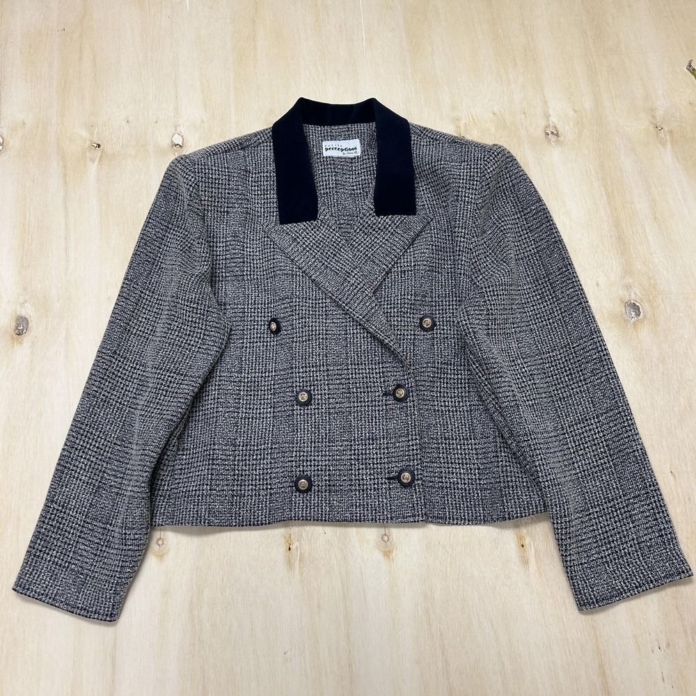 Petite Perceptions Blazer Jacket Womens Medium Gray Houndstooth Double Breasted